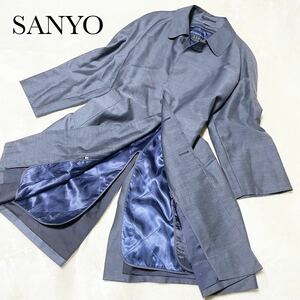 SANYO サンヨー ステンカラーコート ライナー付き Lサイズ相当 ネイビー ウール 毛 三陽商会 ネーム刺繍有り 比翼 シルク 絹 SANYOCOAT