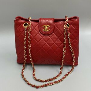 1円 極 美品 シール有 2番台 CHANEL シャネル マトラッセ ラムスキン レザー 本革 チェーン ハンドバッグ トートバッグ レッド 14979e