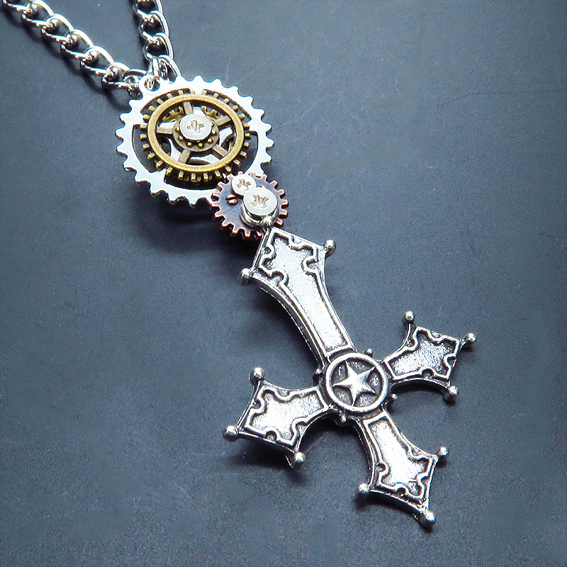 Antikes Silber, Steampunk-Halskette mit beweglichem umgekehrten Kreuz und Zahnrad, verstellbare Länge, Handgefertigt, Accessoires (für Damen), Halskette, Anhänger, Halsband