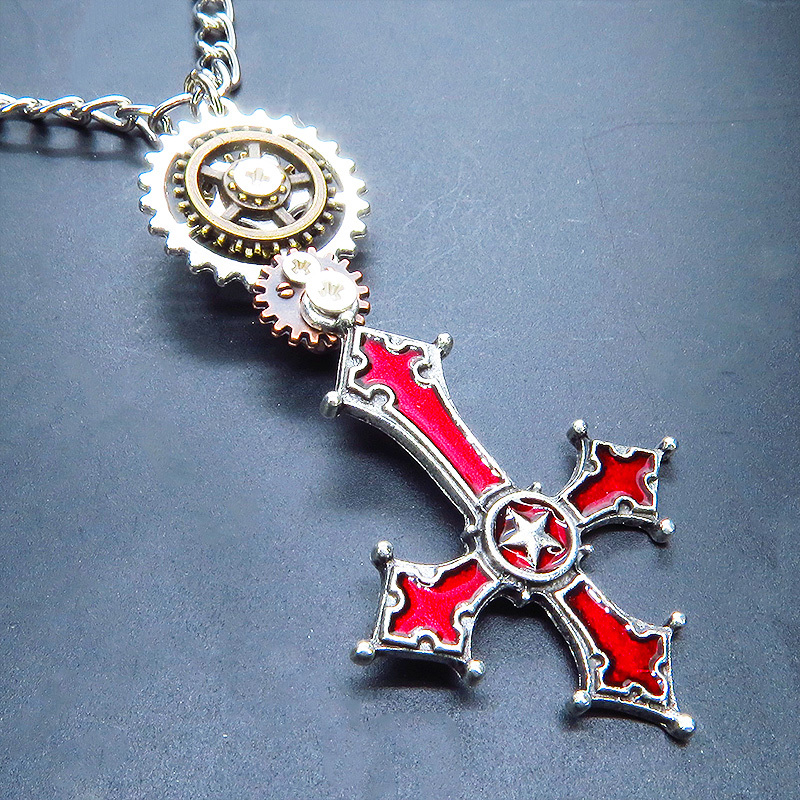 Silberne und rote Steampunk-Halskette mit beweglichem umgekehrten Kreuz und Zahnrädern, Einstellbare Länge, Handgefertigt, Accessoires (für Damen), Halskette, Anhänger, Halsband