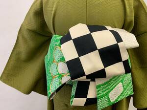 【6】半幅帯　正絹絞り金駒刺繍×綿の市松　アンティーク着物リメイク　オリジナル　リバーシブル　アクあり　ハギあり