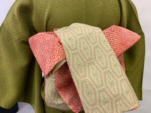 【10】半幅帯　絞り赤×紬地　正絹　リバーシブル　オリジナル　アンティーク着物リメイク
