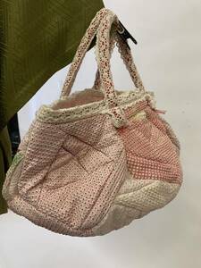 【55】薔薇バッグ　うすピンク系　絞り生地　オリジナル　ハンドメイド　ふわふわ　軽い　和装　洋装
