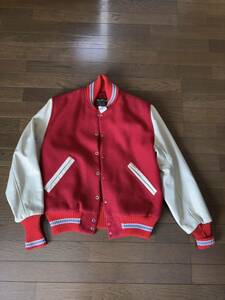 アメリカ製アルビオンALBION KNITTING MILLS jacket 60s 70s varsityショールカラー袖革スタジャンスタジアムジャンパー赤×クリームsize40