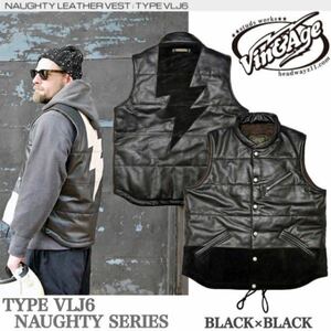 送料0 特価 Vin&Age ヴィンアンドエイジ Naughty Leather Vest /ナーティーレザーベスト VLJ6 BLACK-44 3L 70's 60' バイカー WeelsApparel