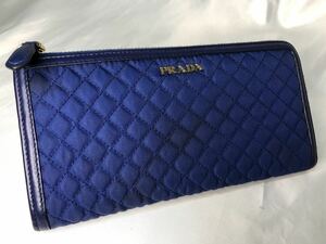 超美品PRADA プラダ 長財布 L字ファスナー キルティング×レザー　ブルー