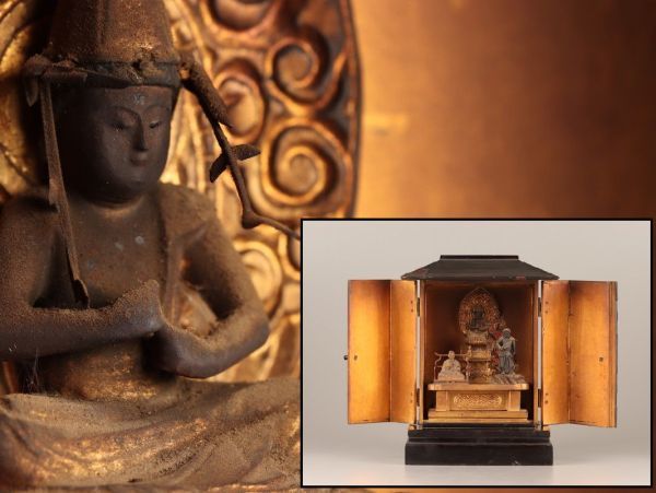 本物新品保証】 時代 仏教美術 木製 仏像 薬師如来像 厨子入り 工芸品