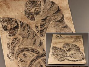 古美術 李朝 民画 猫虎 時代物 極上品 初だし品 C2986