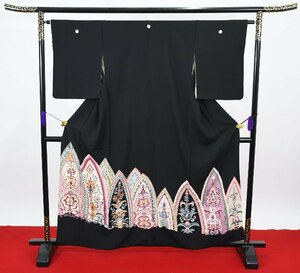 黒留袖 結婚式 五つ紋 花 家紋 身丈154cm 裄丈64cm ★着物 e-756 桜庭呉服店