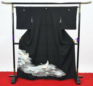 黒留袖 結婚式 鶴 五つ紋 家紋 身丈160cm 裄丈63.5cm ★着物 e-817 桜庭呉服店