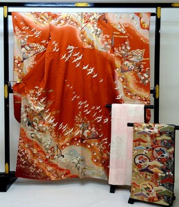 51106-16◆中古美品 振袖セット 長襦袢 袋帯 花鳥模様 金彩・金駒刺繍 金彩 オレンジ系