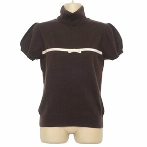  ef-de * sweater short sleeves ta-toru neck size 9 cute . ribbon! tender wool & Anne gola. light brown group z4495