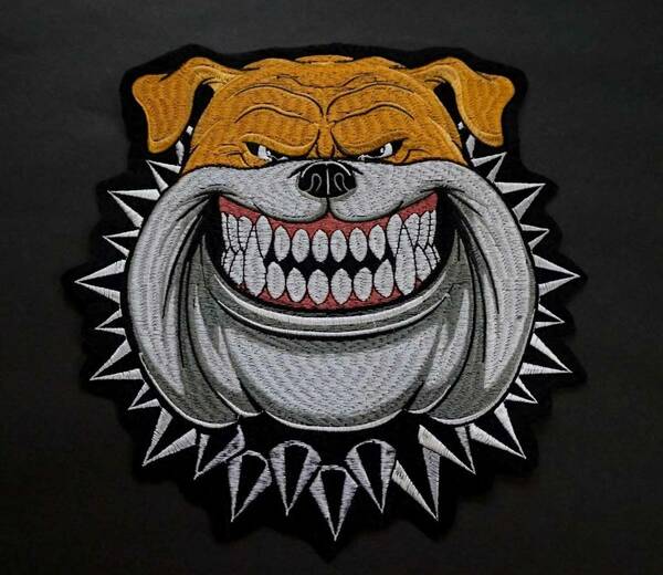 特大《■デンジャー首輪　不敵笑み　狂犬■》新品『bulldog』 刺繍ワッペン◆◇ジャケット ミリタリー 大型二輪車 オートバイ バイク■DIY 