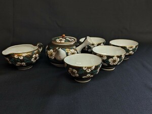 古い 煎茶道具 九谷焼 色絵 青粒手 花文 煎茶器揃 横手急須 湯冷まし 茶碗 五客 茶碗径約7.5cm