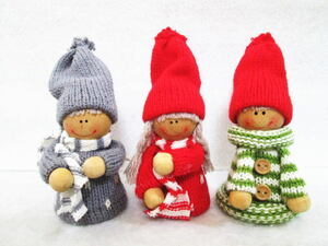 【木製 ニットを着た クリスマス ドール 3体セット】木製人形/ウッドドール/冬/毛糸/置物/飾り