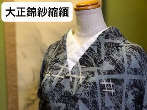 【大正錦紗縮緬】アンティーク着物　リメイク素材　古布　絹