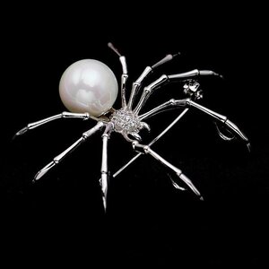 S2171 【動物】大粒 パール 蜘蛛 クモ 2WAY ブローチ/ホワイト