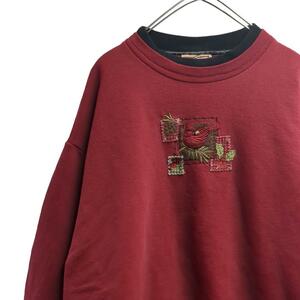  illustration embroidery sweat sweatshirt Showa Retro red lady's L( put on feeling )b25