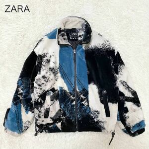ZARA 【完売品 美品】ボア フリースジャケット XL 白 マルチカラー ザラ 総柄 プリント ビジネス 通勤 仕事 メンズ オーバーサイズ