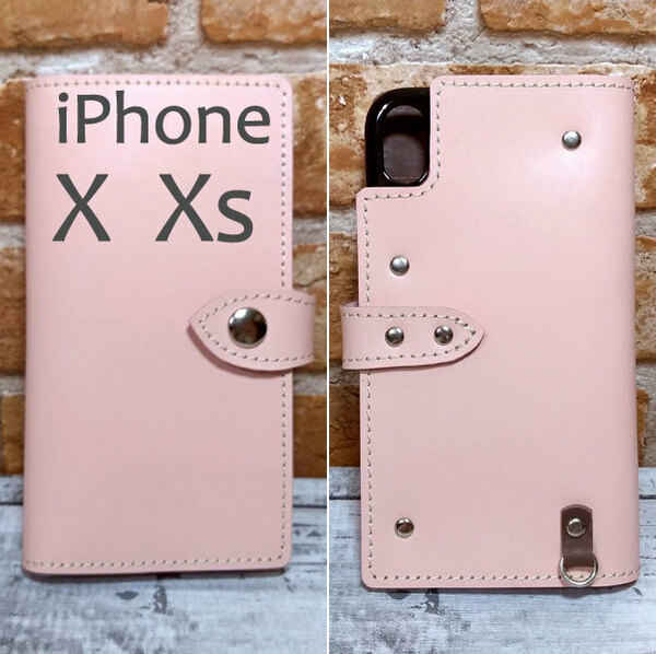 手帳型ケース iPhone X Xs 用 カバー レザー スマホ スマホケース スマホショルダー 携帯 革 本革 ピンク ショコラ