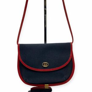 1円 GUCCI オールド グッチ インターロッキング 金具 ショルダー バッグ ポシェット キャンバス × レザー フラップ レディース ネイビー