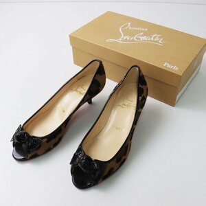 美品 クリスチャンルブタン Christian loubouti パテントリボン レオパードハラコパンプス 36/ベージュ 23cm【2400013607025】