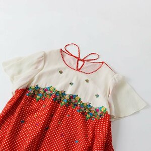 大きいサイズ フランシュリッペ franche lippee フラワー刺繍 ドットプリント ハネ袖ワンピース FL5/レッド 赤 レトロ【2400013581585】