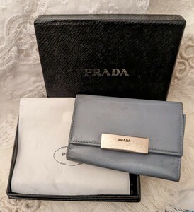 PRADA# Prada MILANO#6 ream key case # metal silver metal fittings × blue leather #MADE IN ITALY# used # box etc. accessory equipped # rare # Vintage rare 