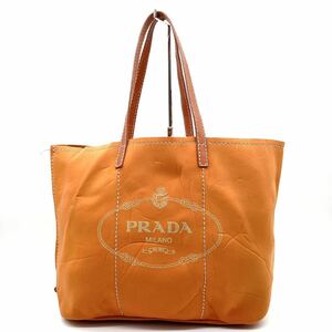 1円 ◆人気◆ PRADA プラダ トートバッグ 三角プレート ウレタン レザー オレンジ カナパ ロゴ ユニセックス ステッチ 白タグ 肩掛け