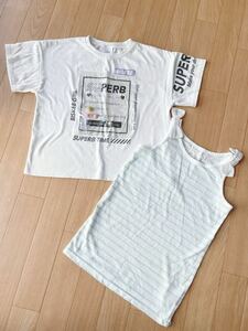 130サイズ 女の子 半袖 Tシャツ タンクトップ 肩リボン 水色 ボーダー 白 トップス 半袖