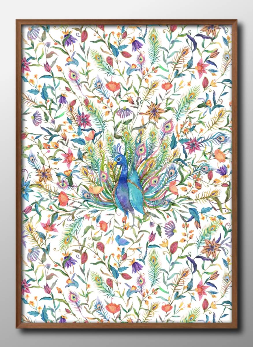 8938 ■ ¡Envío gratis! Póster Artístico, pintura, tamaño A3, pavo real, diseño de ilustración de flor de pavo real, papel mate escandinavo, residencia, interior, otros