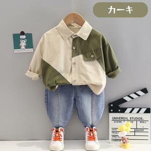 新品 送料無料 カーキ 110cm 2点セット デニムパンツ ワークシャツ 上下セット キッズベビー服