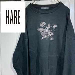 【人気デザイン】古着 HARE ハレ 薔薇刺繍 ローズ スウェット トレーナー フロントデザイン ブラック S