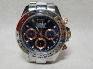 [N9124-O6005*] used beautiful goods :TECHNOS Tecnos TSM411 chronograph navy face quarts men's wristwatch operation goods 