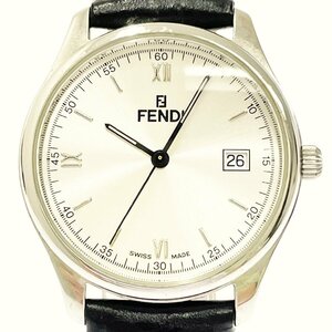 【1円スタート】FENDI フェンディ 210G ラウンドフェイス SS×革ベルト シルバー文字盤 クオーツ メンズ腕時計 212346