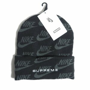 K8719f4　■Supreme シュプリーム × NIKE ナイキ■ 新品 21SS Jacquard Logos Beanie ビーニー ニットキャップ ブラック グレー MISC 秋冬