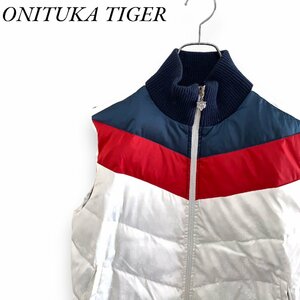 195 オニツカタイガー　アシックス　M 古着　マルチカラー　ダウンベスト　ホワイト　ONISUKA Tiger 1円　メンズ