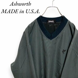 Ashworth　L アメリカ古着　USA製　ワンポイントロゴ刺繍　ナイロン　プルオーバー　ジャケット　グリーングレー　アシュワース　メンズ