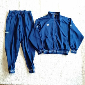 む094 adidas サイズ 上/L 下/M ジャージ 上下 アディダス デサント製 青 トレフォイル 古着 レトロ ジャージ