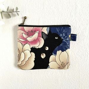 黒猫 12×10cm ミニポーチ　ポーチ カード入れ 小銭入れ 小物入れ ハンドメイド 和柄 和モダン 猫 ねこ ブルー