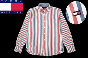 Y-6771★送料無料★超美品★TOMMY HILFIGER トミーヒルフィガー★正規品 メンズ男 トリコロール ストライプ 胸ロゴ刺繍 長袖 B/D シャツ M