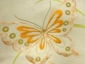 ys6808985; 芝草に蝶模様刺繍名古屋帯【アンティーク】【着】