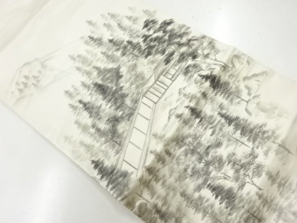 ys6805491 ; Modèle de paysage d'arbre et de maison peint à la main Nagoya obi [Recyclé] [Arrivée], groupe, Nagoya obi, Adapté