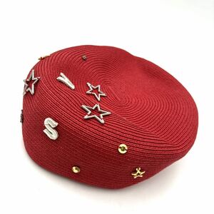 ＊ 未使用 '高級感溢れる' ANNA SUI アナスイ 刺繍デザイン 麦わら ベレー帽 帽子 sizeS~M (56~57.5cm) レディース 婦人帽子 赤