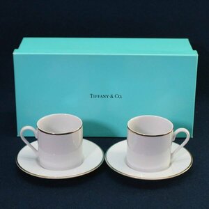 美品！Tiffany＆Co 金縁 デミタスカップ＆ソーサー2客セット ペア 箱付き ティファニー◆720f05