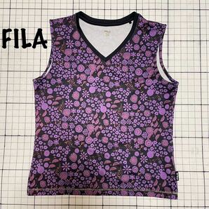 フィラ【FILA】タンクトップ 袖なしカットソー ヨガ フィットネス ウェア M〜Lサイズ位 ストレッチ 花柄 パープル×ブラック/紫黒ラメ