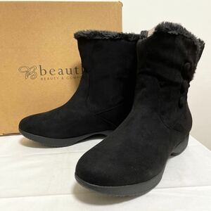 和98★ 美品 箱付き beauth BEAUTY&COMFORT ビュース ショートブーツ 裏ボア シューズ L 24-24.5ほど レディース ブラック