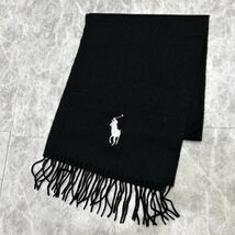 @ イタリア製 '人気 ビッグポニー刺繍'『Polo Ralph Lauren ポロラルフローレン』ラムズウール LAMS WOOL フリンジ マフラー 防寒具 BLACK_画像1