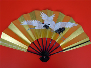 2838, Mai fan Japan dancing *.. for 29cm two feather crane, gold ground, handwriting . black paint . box attaching 