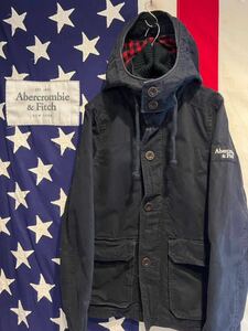 ★Abercrombie&Fitch★ミリタリージャケット★フード★袖ロゴ★刺繍ロゴ★フルジップ★裏地チェック柄★ネイビー★紺★Sサイズ★